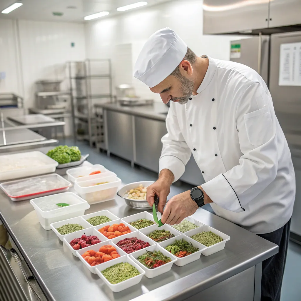 Professional chef preparing frozen meals